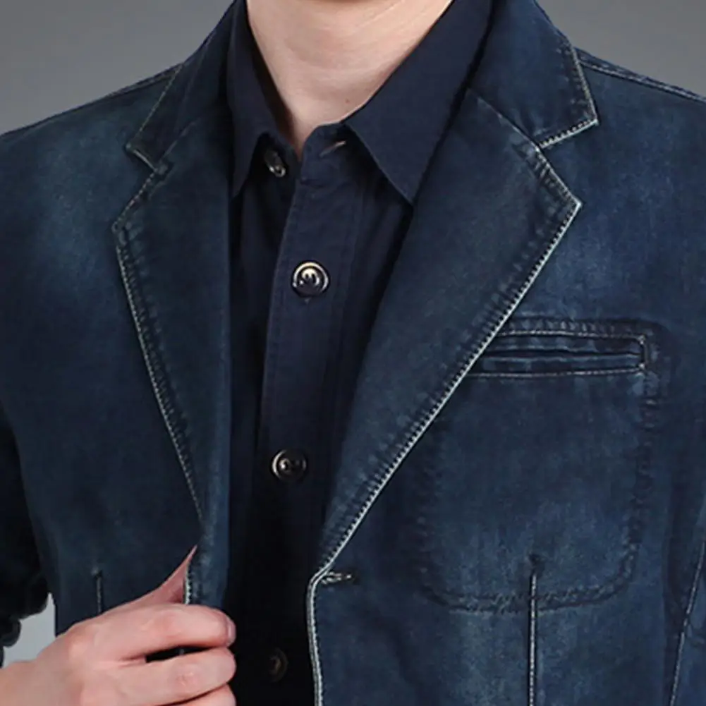 Autumn Men Denim Jacket Solid Color Turndown Collar Single Breasted Men Jeans Blazer Slim Fit Long Sleeves Pockets Suit Coat