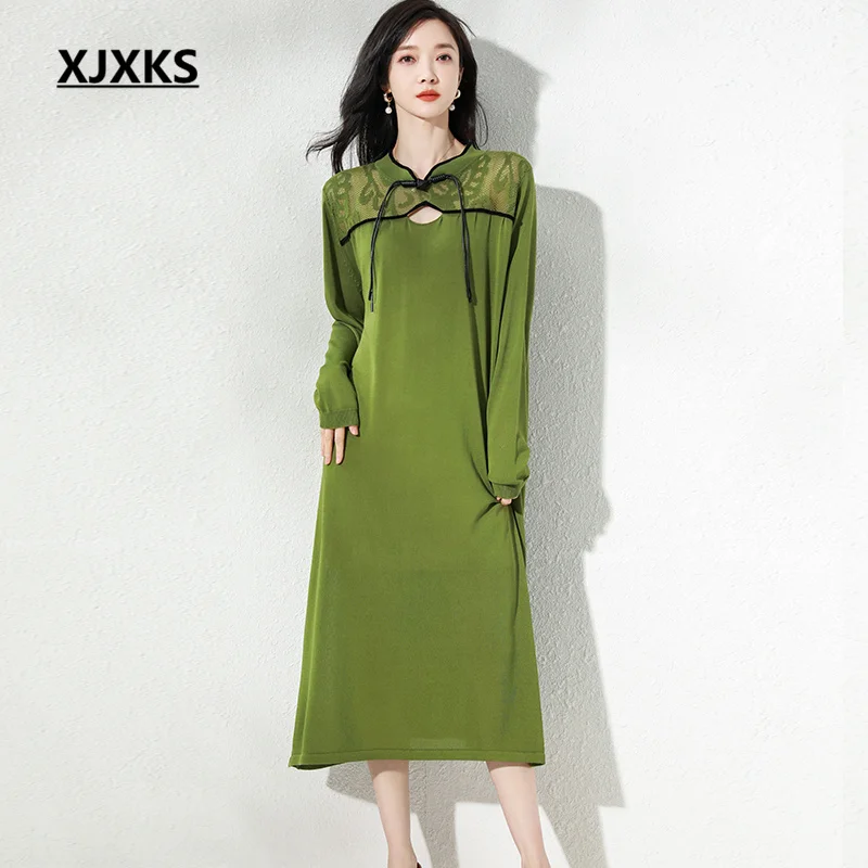 

XJXKS Chinese Cheongsam Collar Women's Long Sweaters 2023 Spring Autumn New Temperament Loose Oversize Ladies Pullover Jumper
