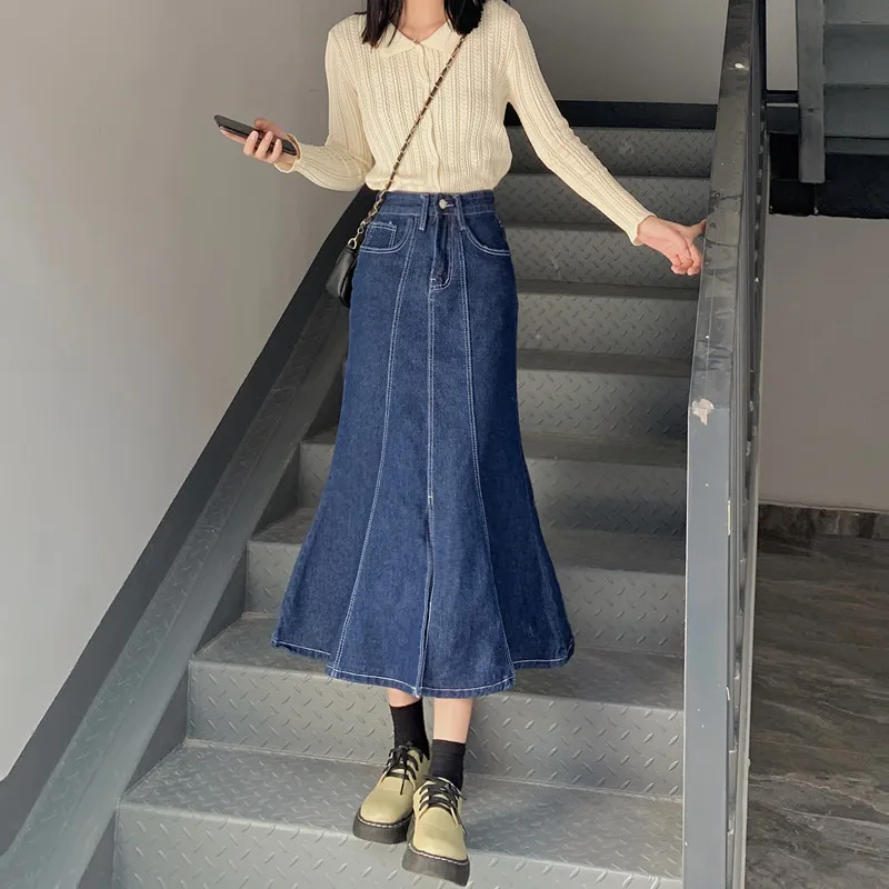 TIYIHAILEY 2022 New Free Shipping Fashion Denim Spring Fish Tail Plus Size S-5XL Long Mid-Calf Skirts Women Jeans Skirts Pockets agenda 2022 a5 notebook cover cover for hobonichi cousin genuine pebbled grain leather planner organizer binder pockets