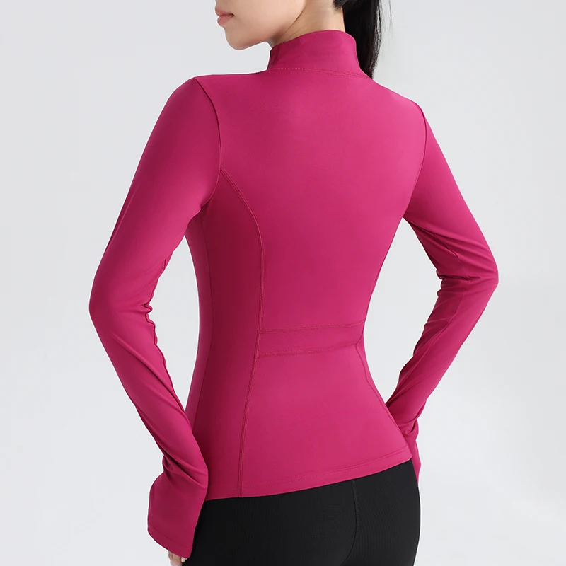 Top de Yoga con cremallera completa para mujer, chaqueta de Fitness para correr, ajuste elástico, Top de manga larga con cuello redondo, ropa deportiva para gimnasio - Imagen 6