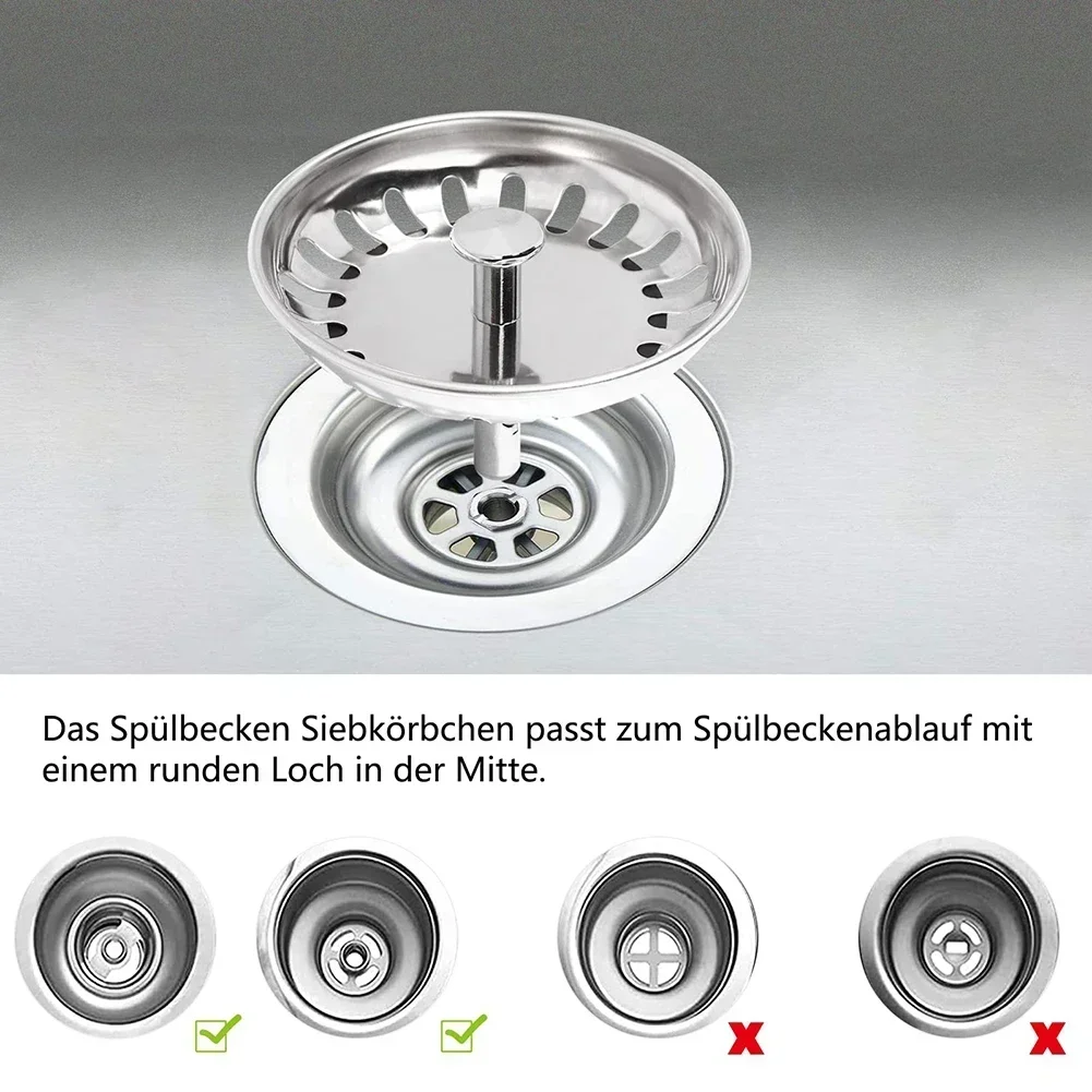 Kitchen Sink Strainer 1PC Waste Plug Premium Kitchen Sink Strainer Replacement Basin Drain Filter Stainless Steel 80mm/82mm/84mm Fixing Pin Accessory