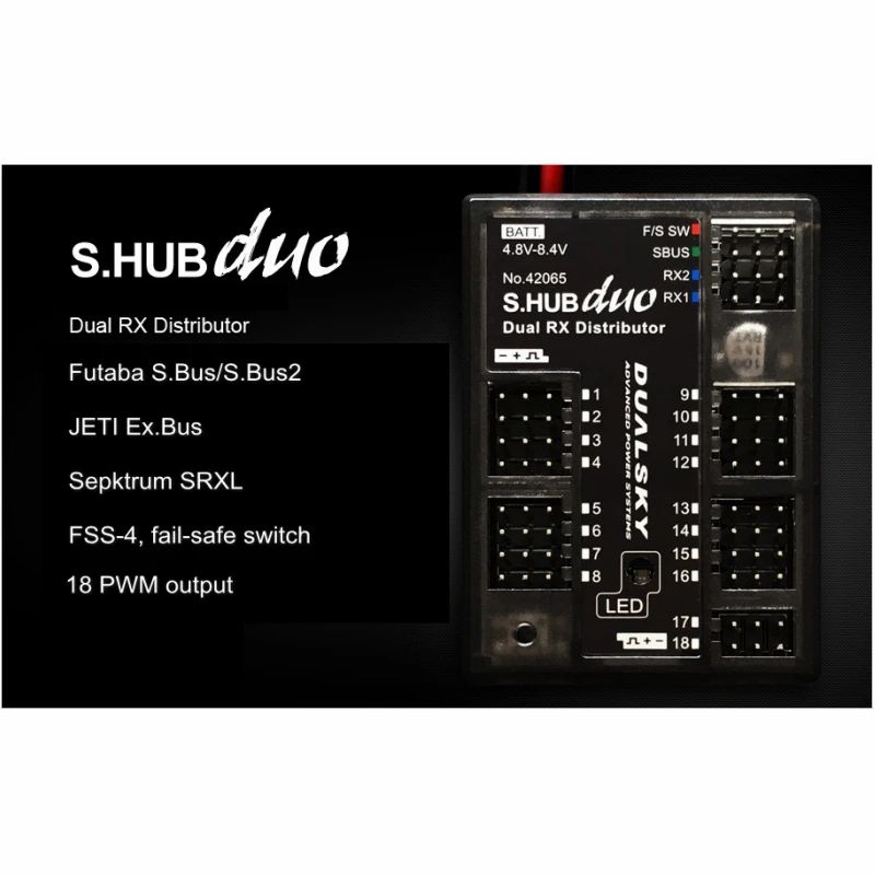 

DUALSKY S.HUB DUO Dual RX Distributor Redundance Upto 18 PWM Output with Fail-safe Switch for RC Turbojet Gasoline Engine Model