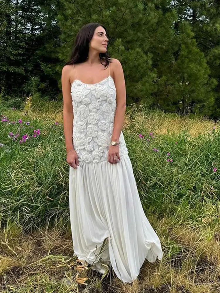 Elegant 3D Flower Long Dress Women Fashion Patchwork Pleated Female Sling Party Dresses 2025 Backless Maxi Lady Evening Robe 4