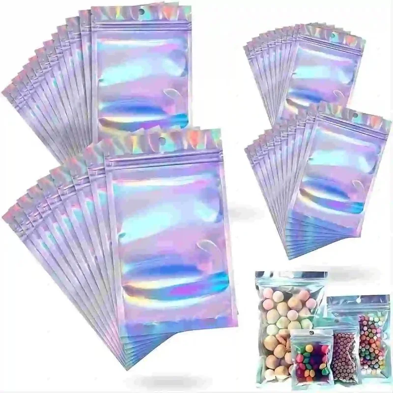 Holographic Bag Multi-size Laser Rainbow Pattern Self-sealing Bag Suitable For Candy Bag and Front Window Samples 100-piece