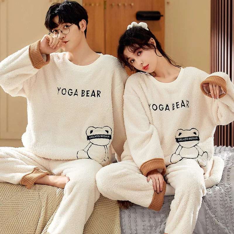 Winter Warm Soft Coral Fleece Pajamas Men Warm Couples Sleepwear Flannel Women Pijama Homme Nightwear Pyjamas pijamas de pareja