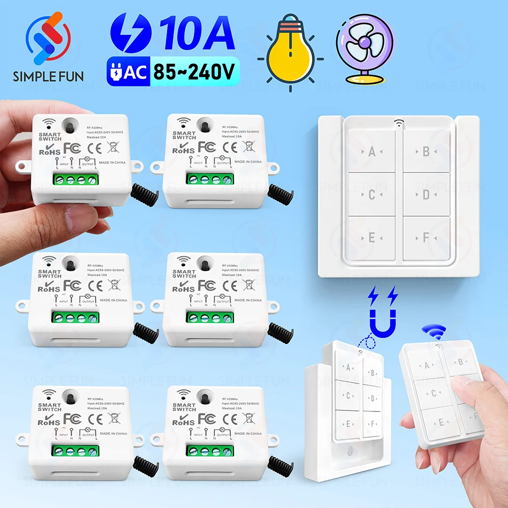 

433MHz Wireless Remote Control Light Switch,Magnetic Wireless Wall Switch,Mini Relay Module 110V 220V 10A,for Lamp Fan ON OFF