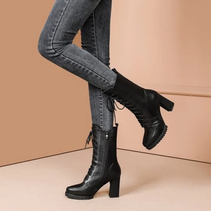 Autumn Winte Boots Women's Sexy High Heel Shoes of Women Mid-calf Boots Lace-Up Boots Anti-slip Warm Boots Fashion Zipeer Boots