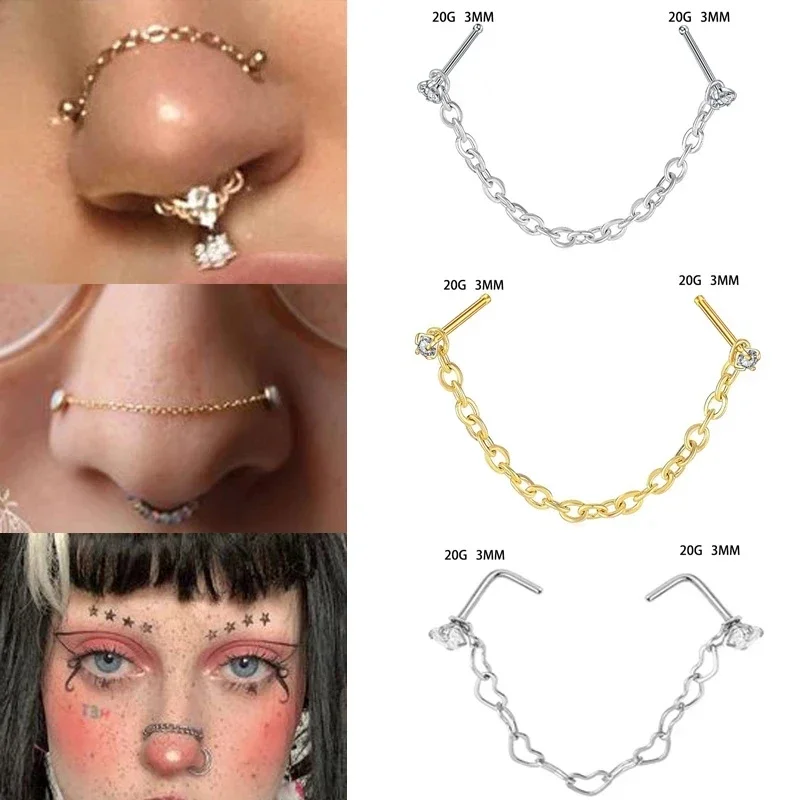 

New Double Nose Piercing Chain Nose Chain for Nostril Piercing Stainless Steel Nose Stud Decoration Earring Piercing Chain Women