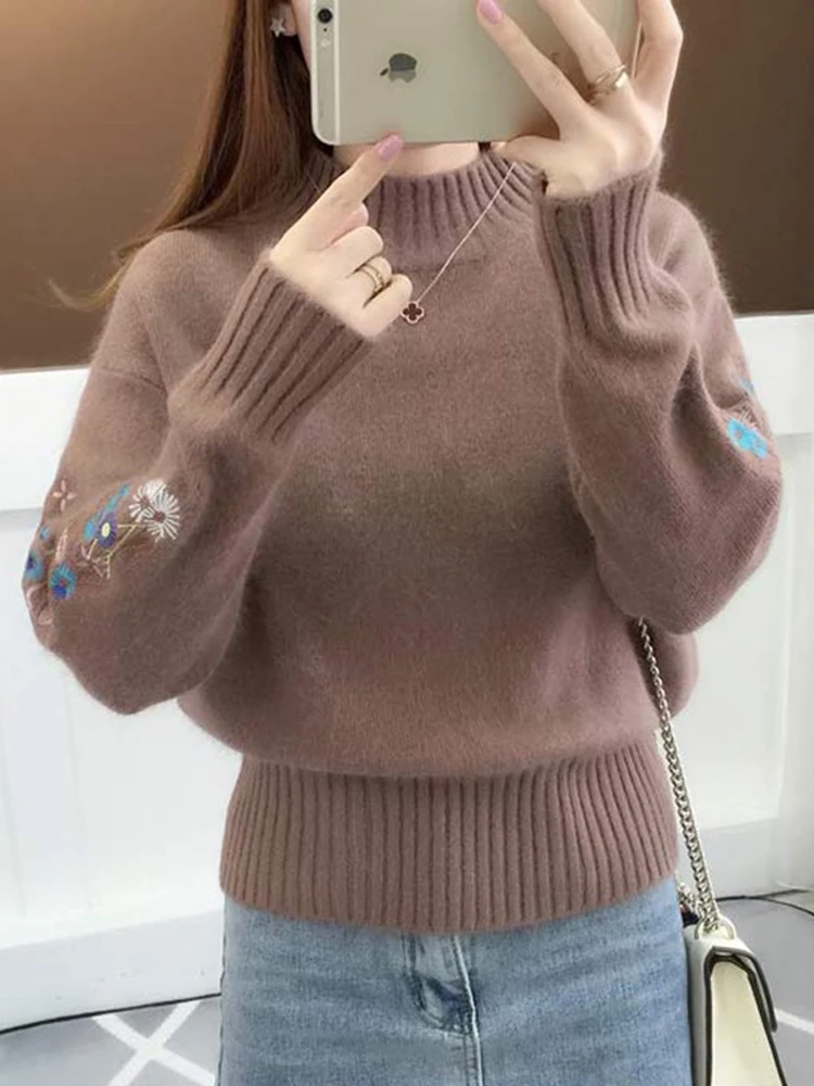 

Fashion Khaki Knitted Sweater Women Floral Embroidery Thick Pullovers Female Long Sleeve Half Turtleneck Ladies Sweaters