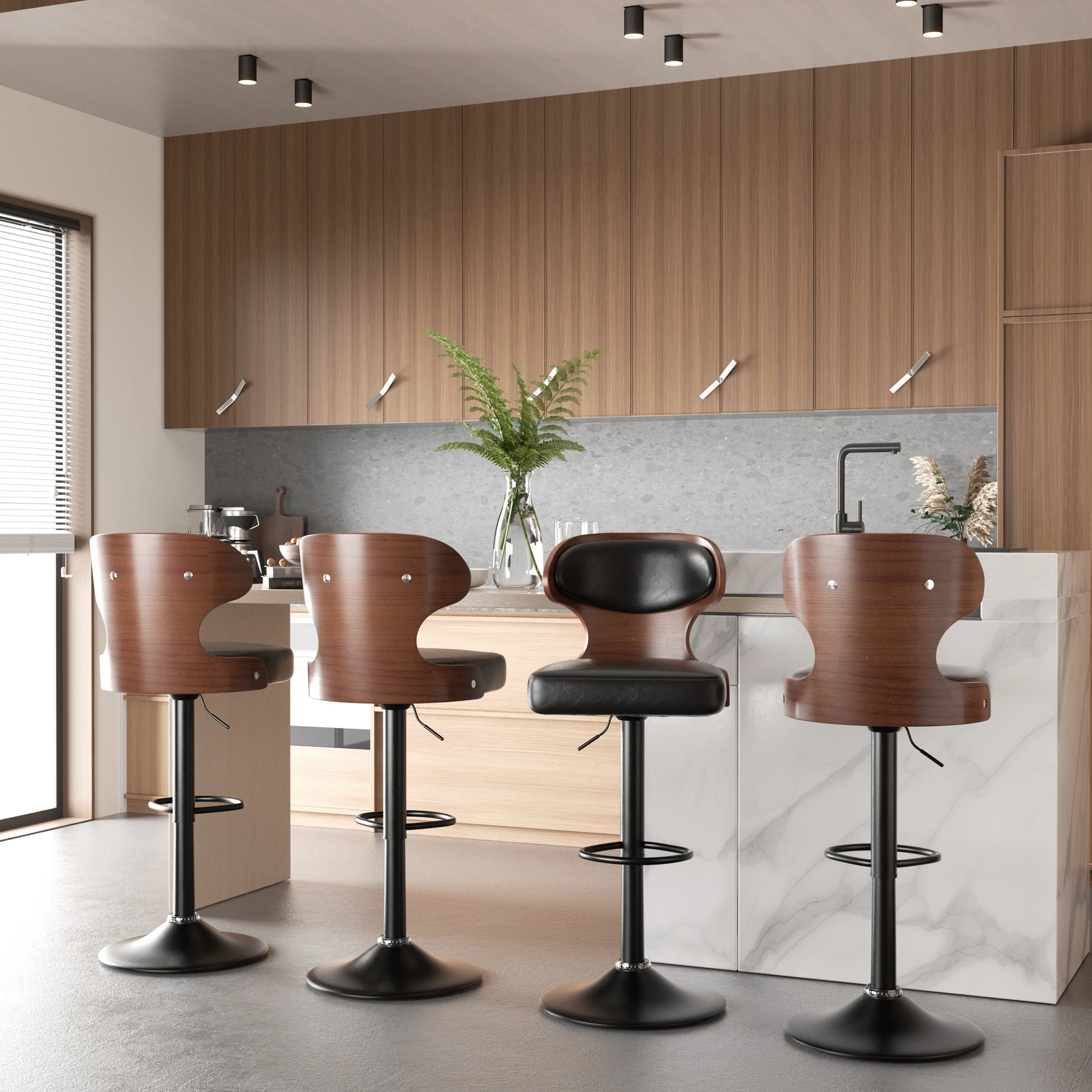 Bar Stool 2-Piece Set, Bent Wood Swivel Bar Stool with Backrest and Footstool-Pu Leather Cushion Chair