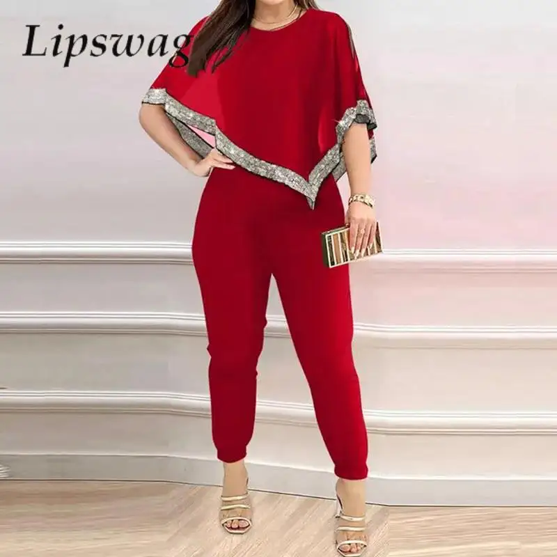 

Women Large Size Casual Loose Set Fashion O Neck Irregular Shirt Pullover + High Waist Pants Outfits Lady Patchwork Glitter Suit
