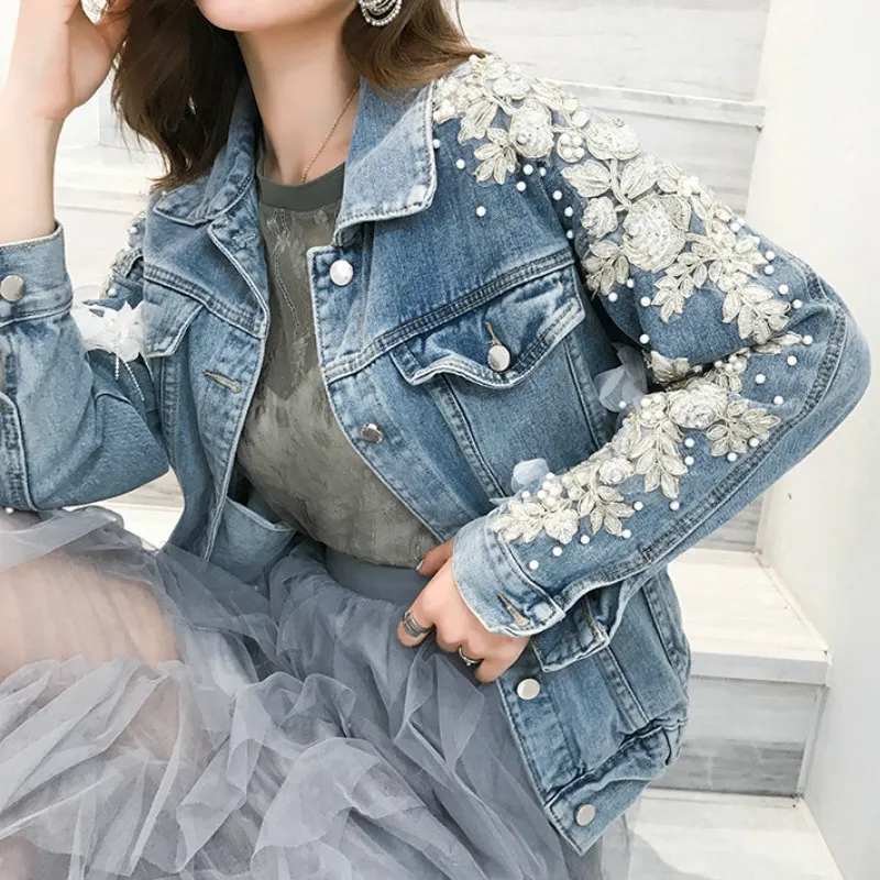 

TEELYNN Flower Embroidery Applique Lady Denim Jacket 2022 Blue Cotton Casual Long Sleeve Loose Autum Women Jackets Coats Outwear