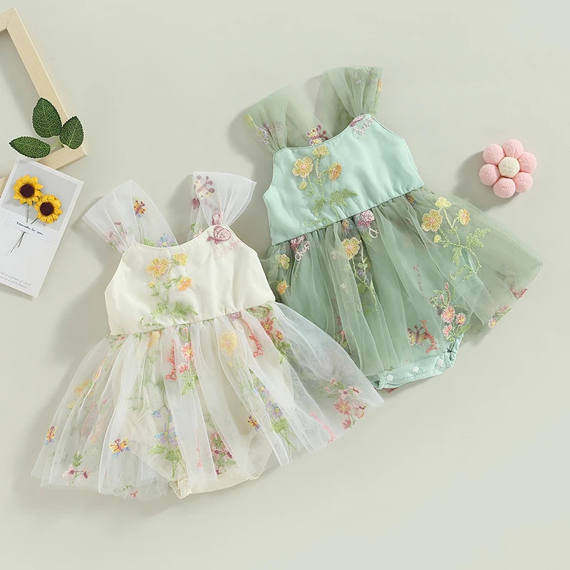 

Newborn Baby Girls Summer Romper Dress Princess Infant Girls Elegant Embroidery Flowers Mesh Tulle Jumpsuits Dress