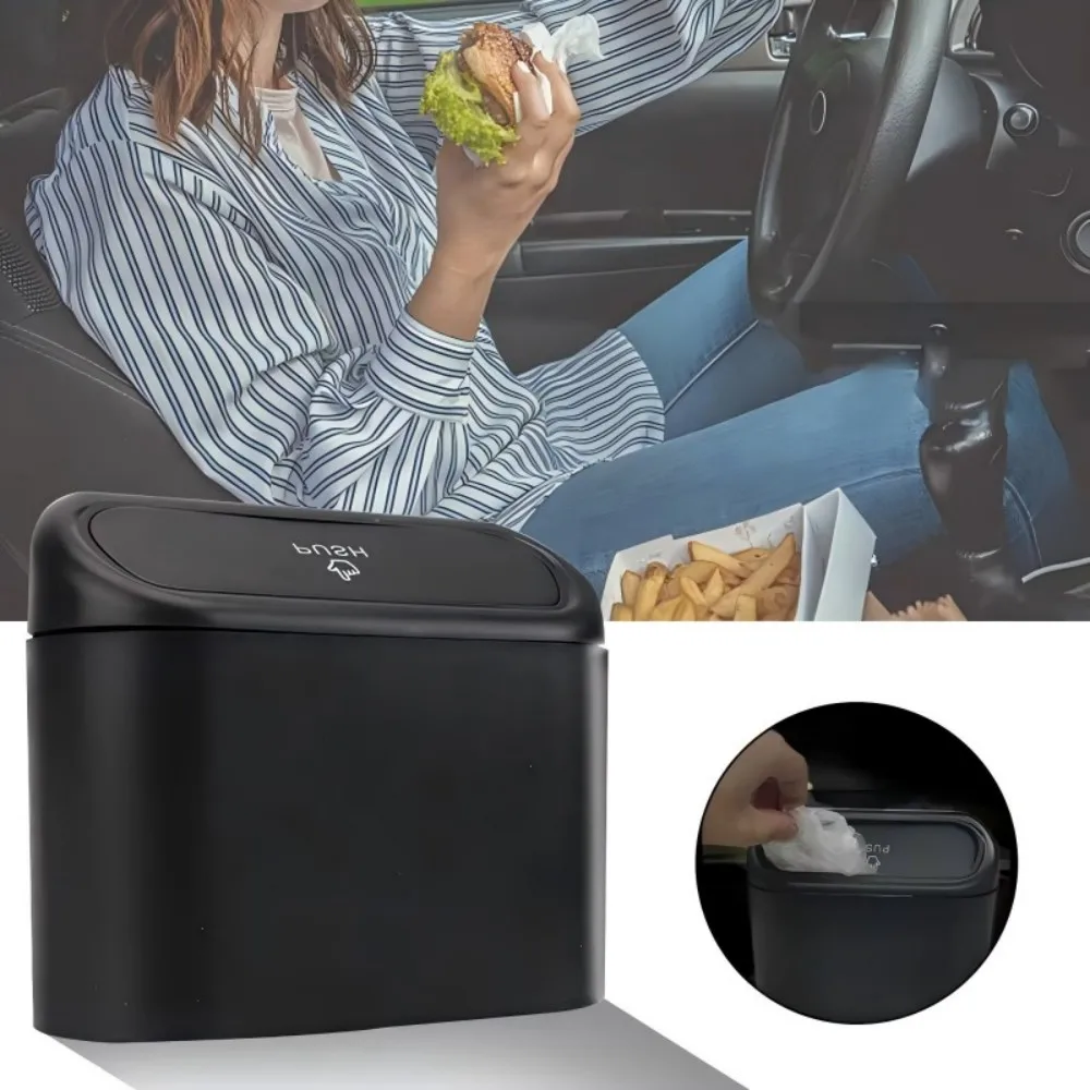 Black ABS Car Trash Can with Lid for Vehicle Storage