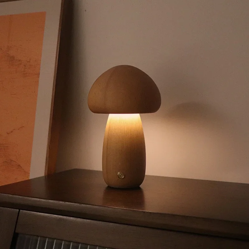 Cute Mushroom LED Night Light Wooden Bedside Table Lamp with Touch Switch Room Decoration High-level Environmental Mushroom Lamp 5