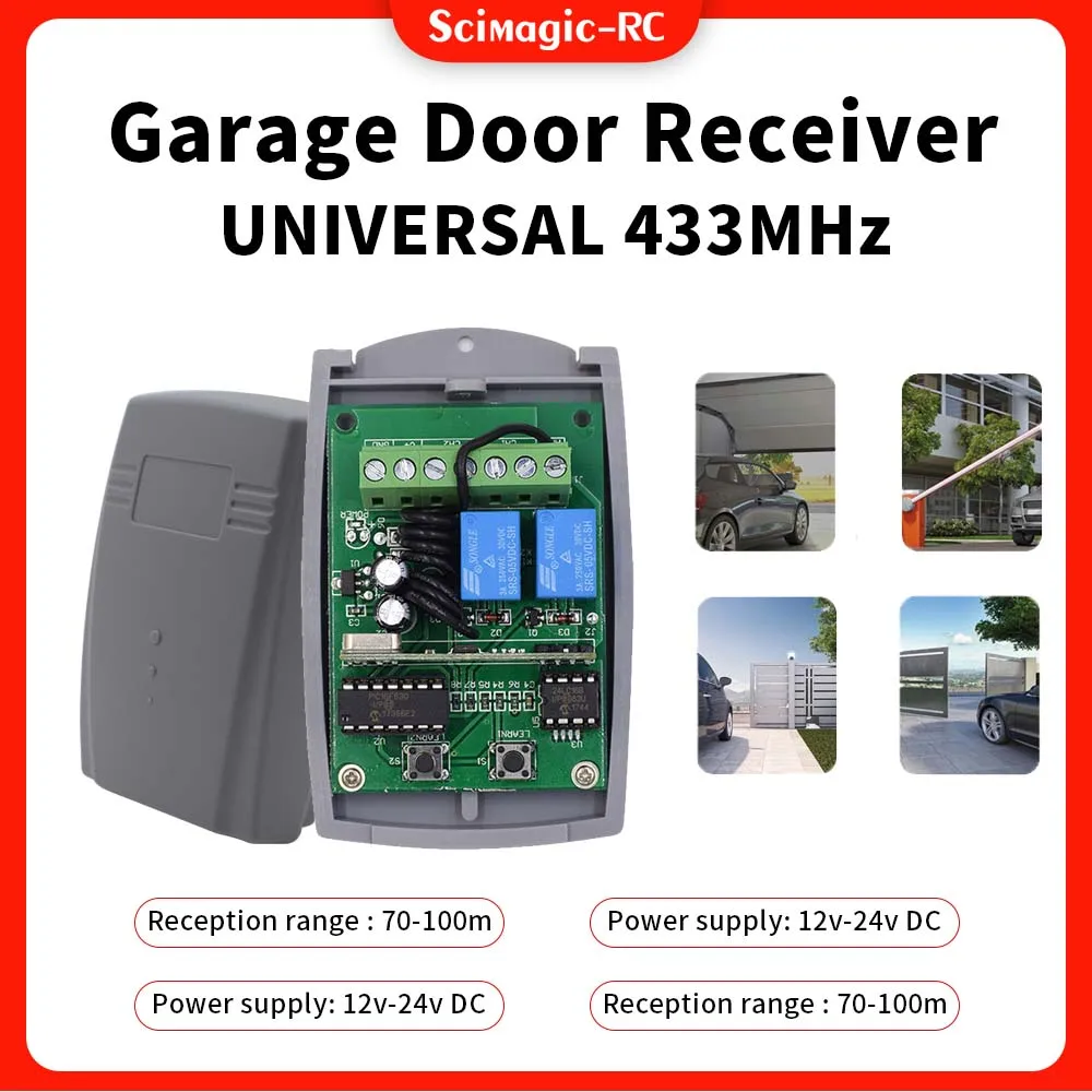 

Universal 2 Channels Gate Garage Door Receiver Remote Control 433MHZ Fixed Code and Rolling Code Receiver Remote Control Switch