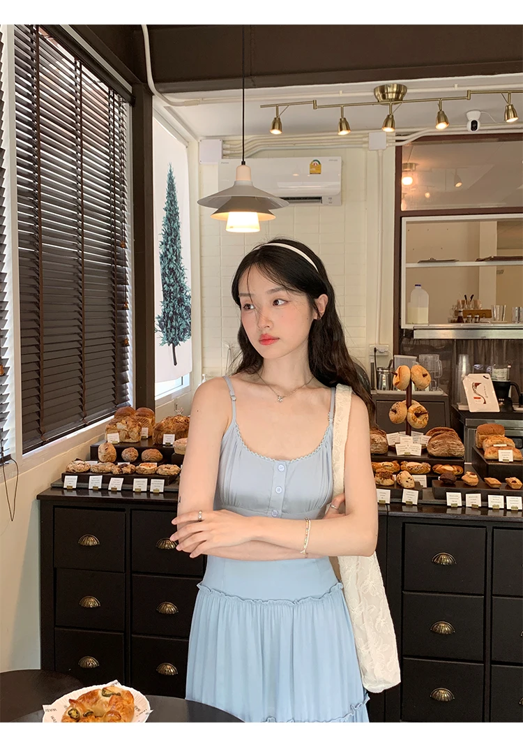 French Elegant Dresses for Women Solid Spaghetti Strap Summer New Ruffles A-line Casual Korean Chic Midi Vestidos Mujer