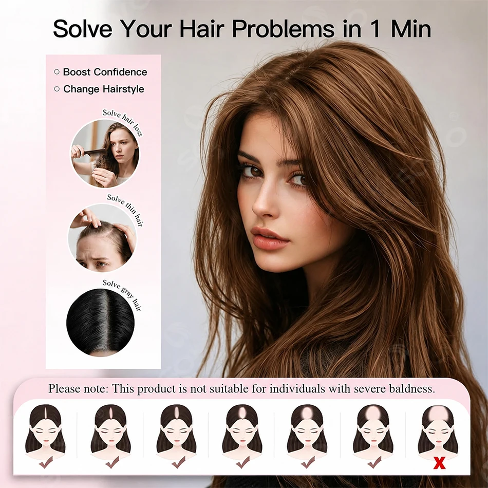 Topper per capelli umani lisci con riflessi per donna 10x12CM, base in pelle con 4 clip, capelli veri traspiranti - immagine 6