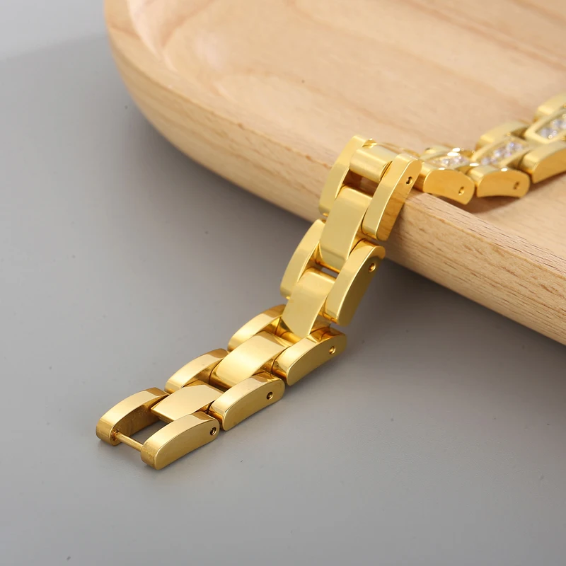 Fongten Watchband Chain Women Men Bracelets Rhinestone Stainless Steel Wrist Charm Bangle Bracelet For Men Gold Color Jewelry