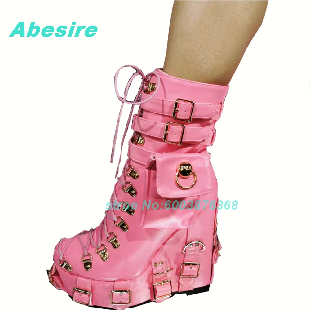 Buckle Mixed Color Patchwork Ankle Boots Round Toe Platform Wedges Thick Heels Women's Boots Cross Tied Pocket Decoration Shoes