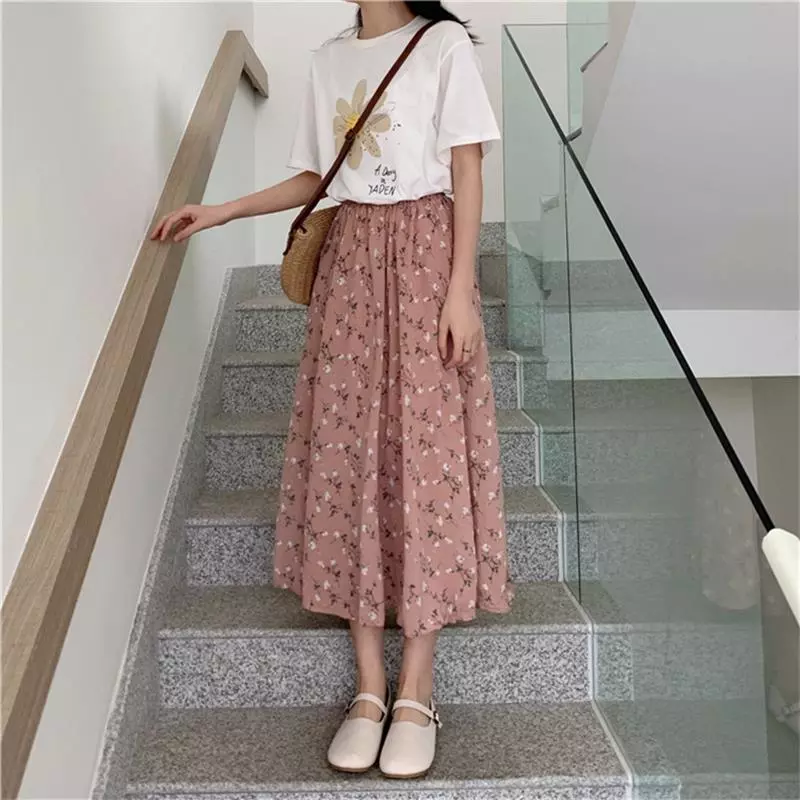 Vintage Floral Print A-line Pleated Long Skirts Summer Women 2022 Korean Skirt Streetwear Drawstring Elastic Waist Midi Skirt 6