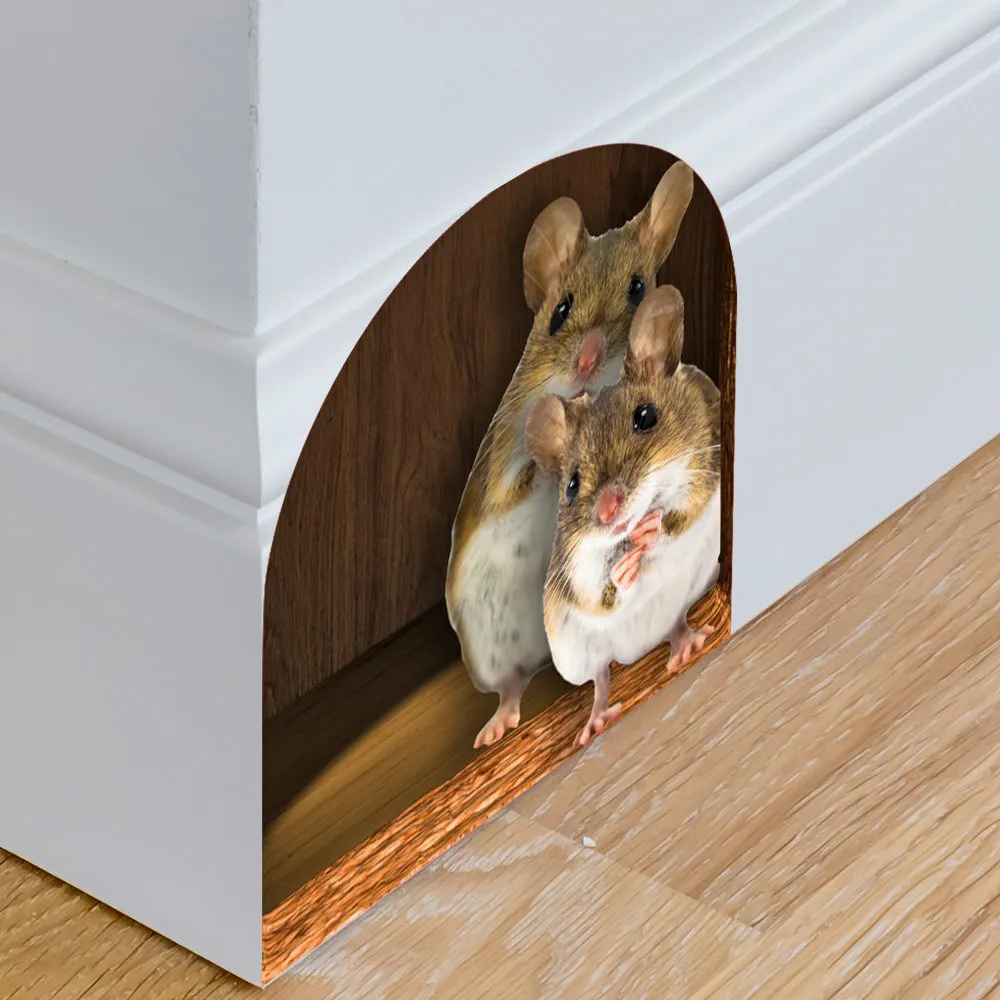 M528 Cute Mouse Hole Wall Sticker Kids Room Refrigerator Background Home Decoration Mural Living Room Wallpaper Funny Decal