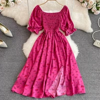 2026 Fashion New Summer Flower Print Long Dress Women Vintage Square Neck Ruched Chest Split  Sundress Party Vestidos