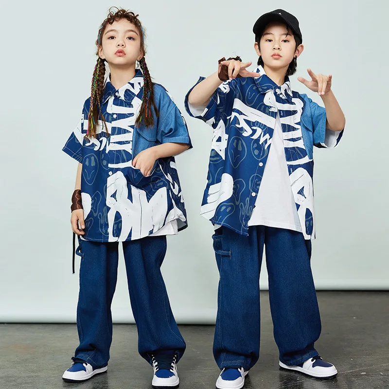 Children costumes boys hip hop costume graffiti jeans shirt loose pants for girls street dance kids jazz clothes children streetwear sets