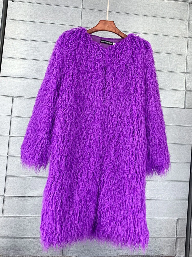 Purple Shaggy Faux Fur Cardigan ZADORIN 95cm Long Hairy Faux Sheep