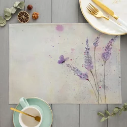 Purple Watercolor Lavender Cotton Linen Placemats - Vintage Kitchen Decor Dining Table Pads - 1pcs 30X40cm (LE253)