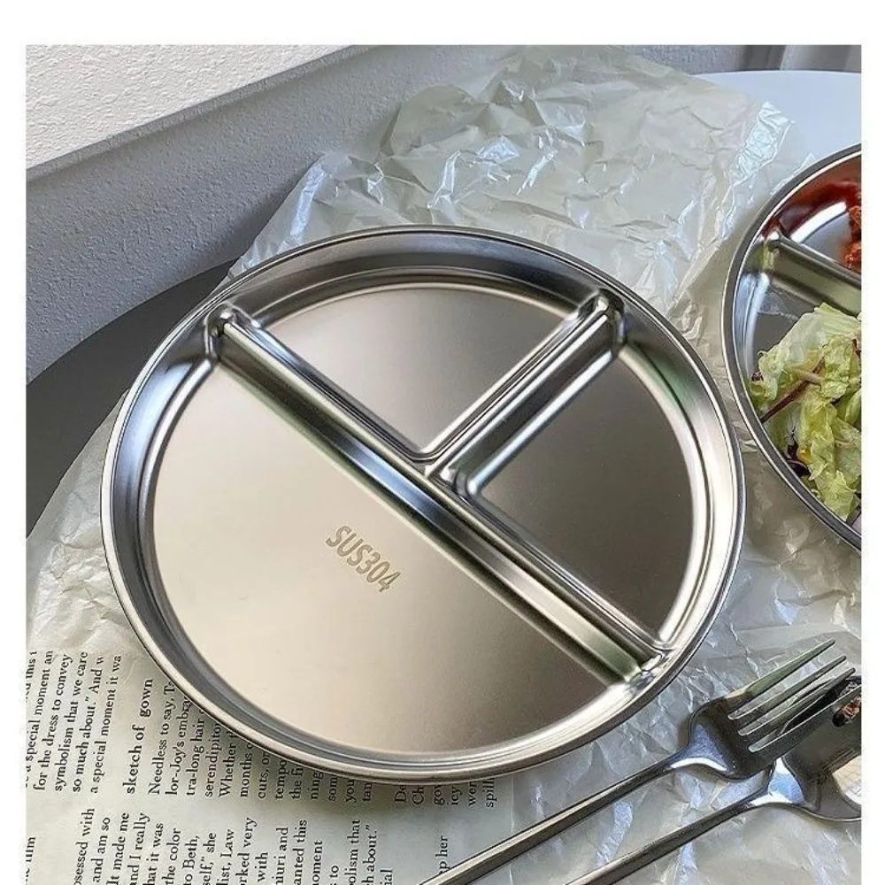 304 Stainless Steel Portion Control Plates Round Reusable Divided Plates 9" inch Salad Barbecue Plate for Adults Kids