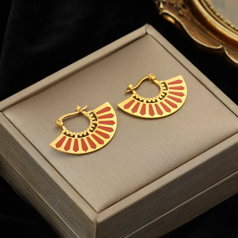 Hoop Earrings EILIECK 316L Stainless Steel Gold Color Fan Geometric Bohemian Drop For Women Charm Ear Pendant Jewelry Party Gift