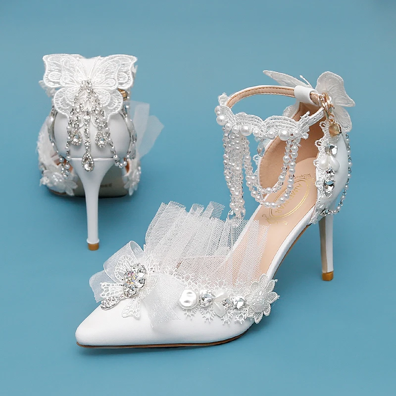 

Summer white lace pearl tassel rhinestone stiletto bridal wedding shoes banquet dress all-match large size custom women's sandal