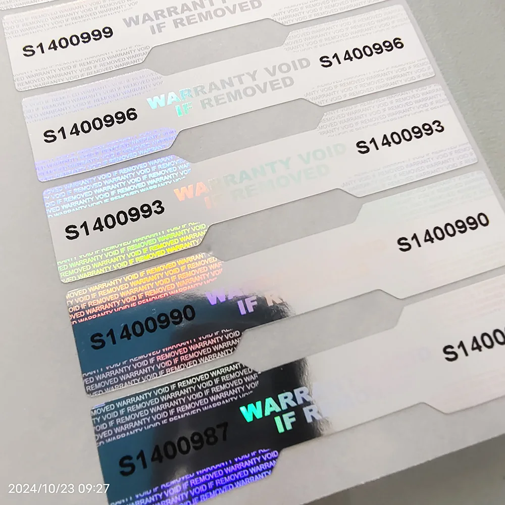 100 Stück 48 x 11 mm silberne Hologramm-Sicherheitssiegel mit einzigartiger Seriennummer VOID Left On Removal Dogbone Tamper Evident Label Sticker