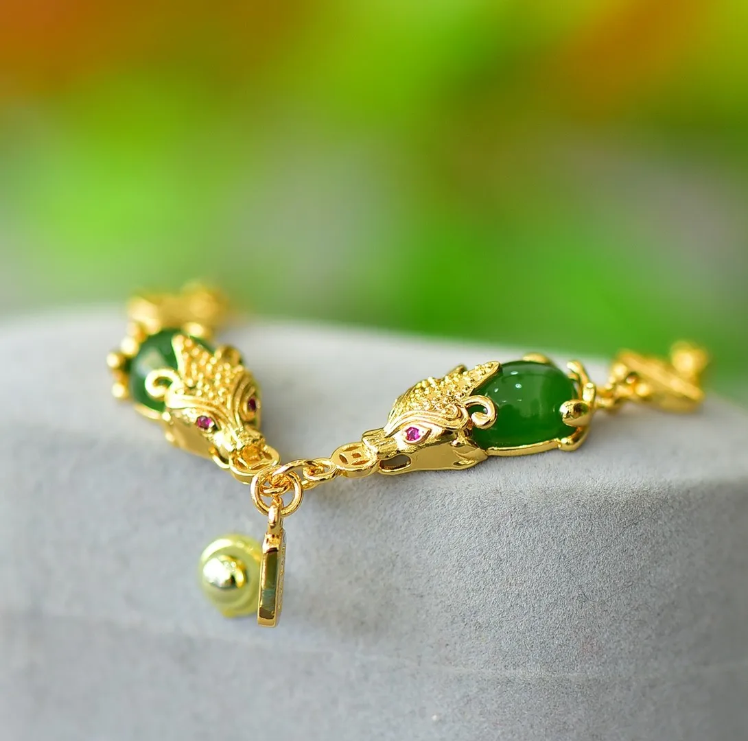 

Natural Green Jade Bracelet Yellow Copper Hetian Jades Nephrite Double Pixui Wealth And Protection Bracelets Women Fine Jewelry