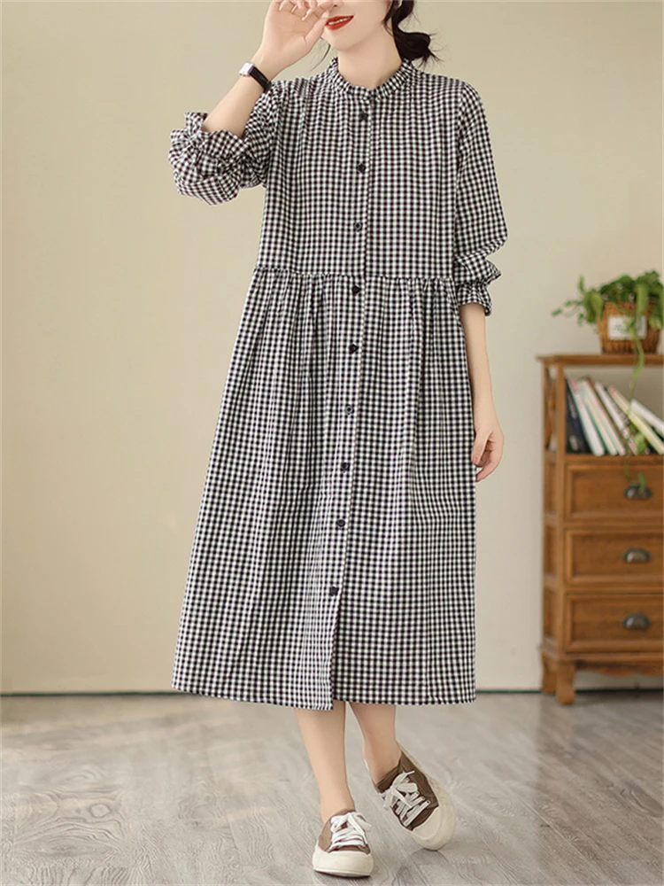 Autumn Cotton Plaid Flare Sleeve Vintage Dresses Women 2025 New Spring Casual Office Lady Work Dress Femme Robe Elegant Clothing