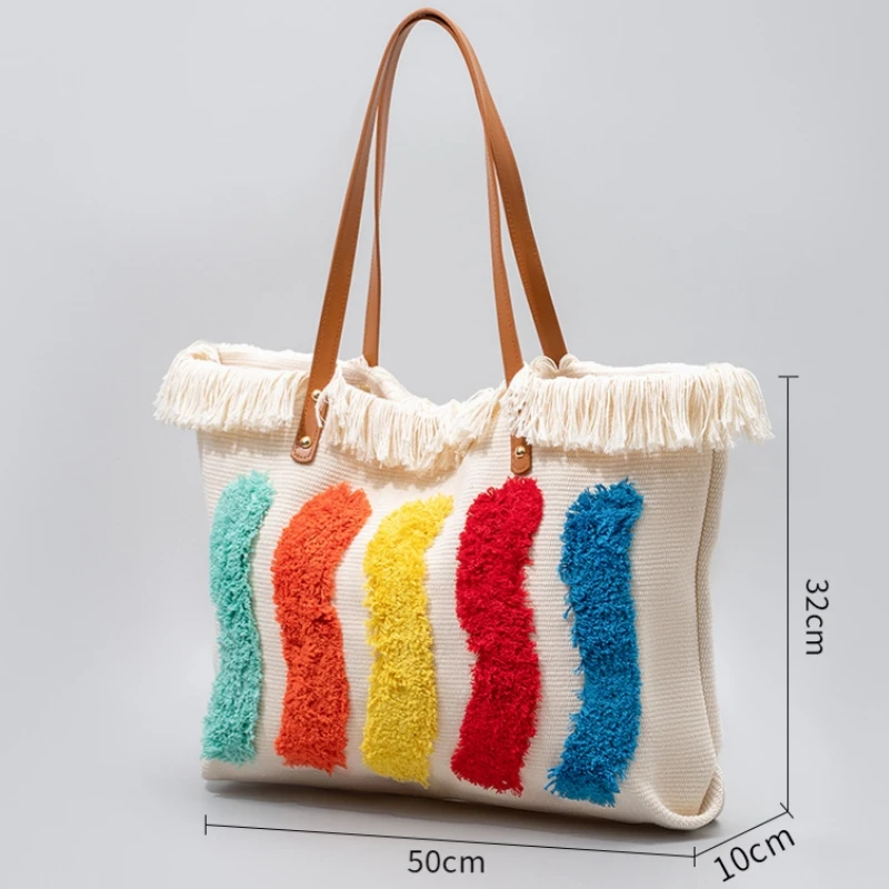 Summer Large Capacity Canvas Tote Bag Fashion Rainbow Pattern Ladies Handbag OL Daily Commuter Tassel Shoulder Bag Sac A Main