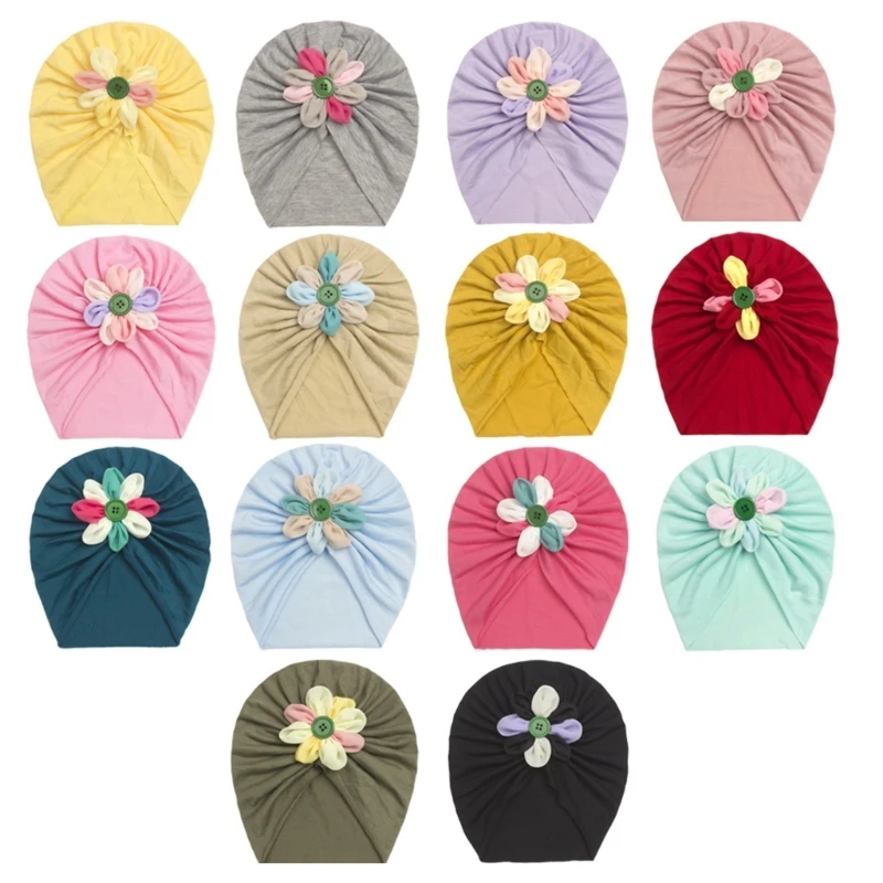 

Stylish Turban Hats with Flower Detail Trendy Indian Hat Fashionable Solid Color Headwrap for Baby Girls Gift QX2D