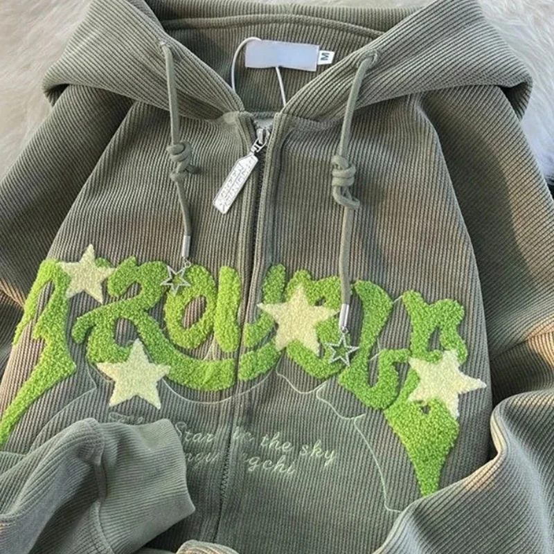 

Women Retro Embroidery Hoodies Autumn Winter Zip Up Long Sleeve Loose Jacket Coats Y2K Casual Pocket Hooded Sweatshirts