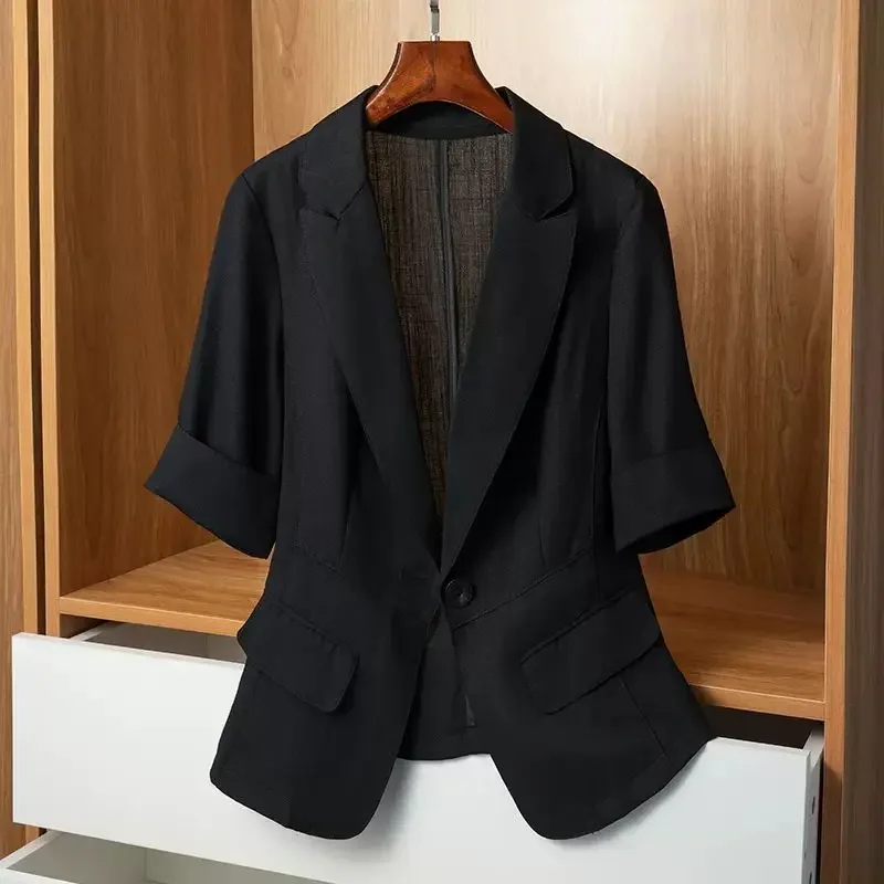 

Роскошный Женский блейзер, офисный тонкий костюм, корейское пальто с коротким рукавом, куртка с одним карманом на пуговицах, черная, белая женская одежда, новинка