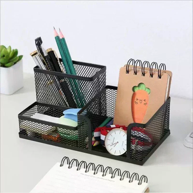 Organizzatore da Scrivania Creativo in Metallo, Portapenne e Portadocumenti con 3 Scomparti, Accessori per Ufficio - immagine 5