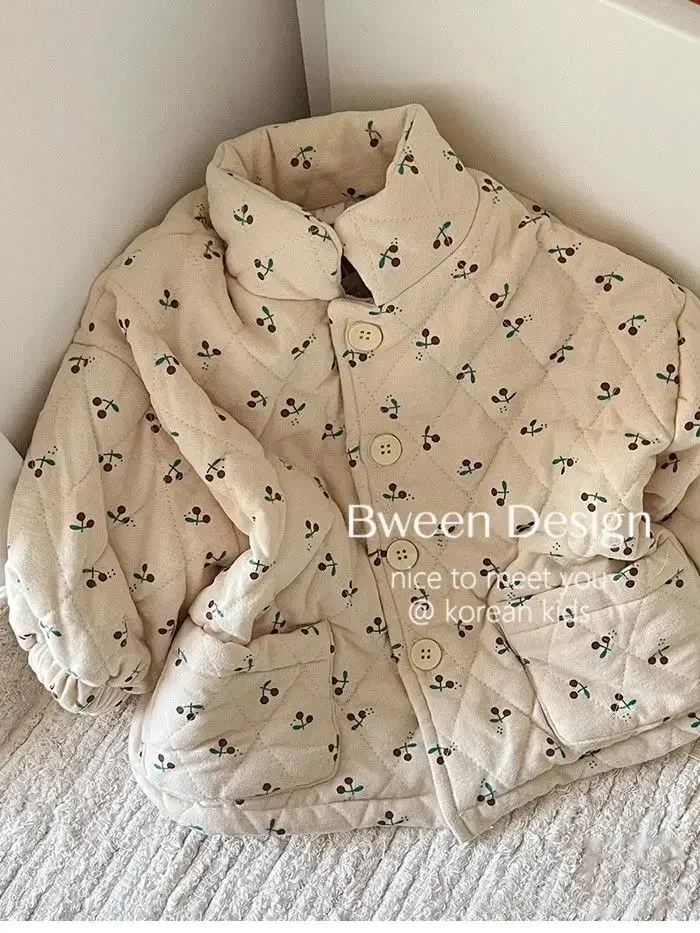 

Осень/Зима 2023, новинка, модное и удобное тонкое хлопковое пальто с круглым вырезом и принтом вишни для девочек