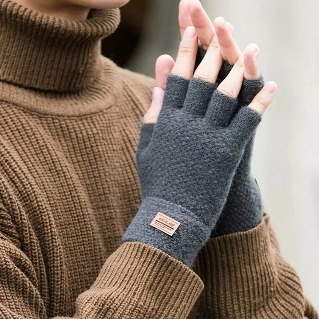 Black Half Finger Fingerless Gloves Women Men Wool Knitted Wrist