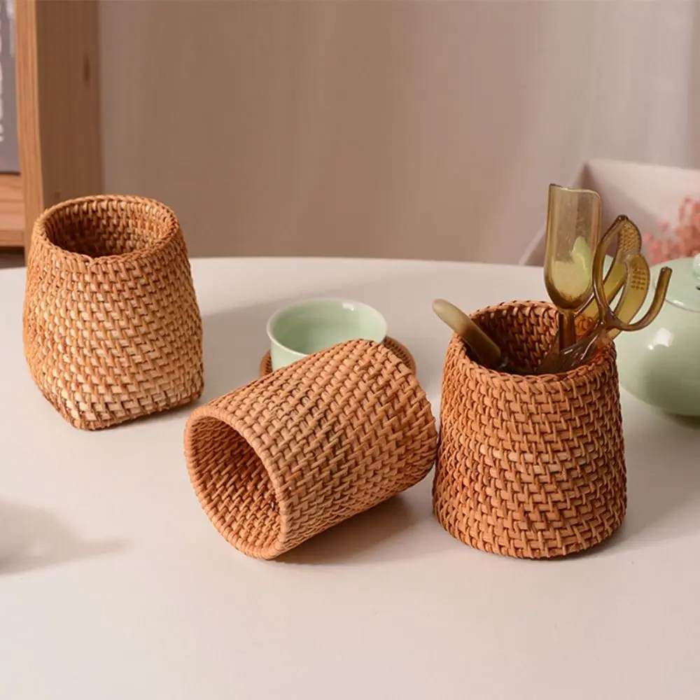 Handmade Pen Holder Hand Woven Wood Vine Rattan Stationery Container Storage Box Organizer Office School Desk Accessories Decor pen holder,desk organizer,pen and brush holder