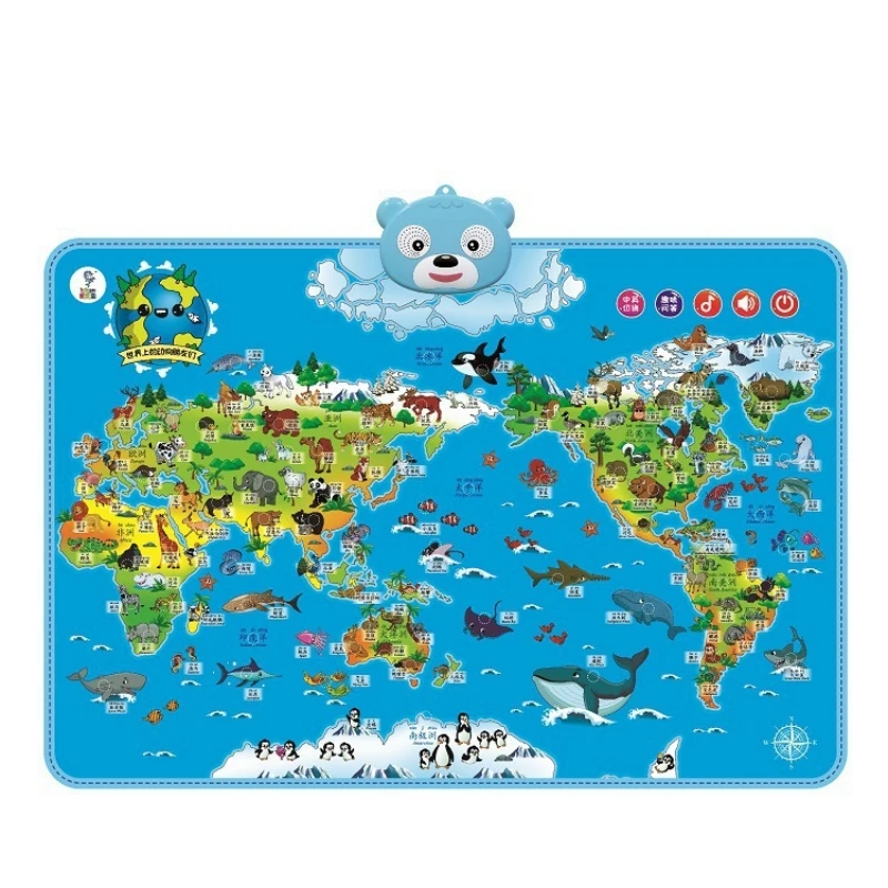 Cartoon Large World Map Animals Theme Educational Wall Stickers Nursery Art Decals for Kid Room Study Room Decoration Family toy