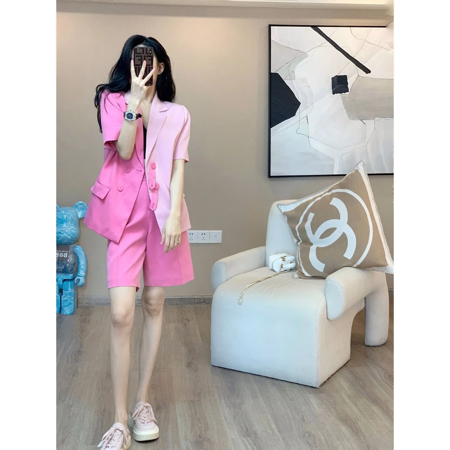 

Suit Shorts Two Piece Set Blazers Casual Coat American Women's Summer New Pink Fashion Loose Luxury Korea Clothing Streetwear