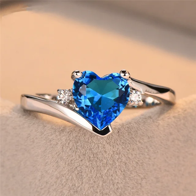 Temperament Women's Jewelry Blue Sapphire Heart Rings for Women Wedding Engagement Silver Rings Party Birthday Gift Jewelry 1