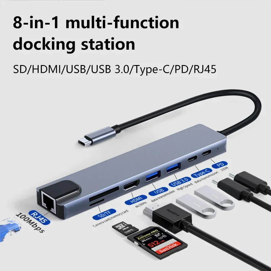 8 in 1 USB C HUB Type C Phone Adapter with 4K HDMI 87W PD USB Docking Station RJ45 for MacBook Pro Air Laptop Pad Card Reader