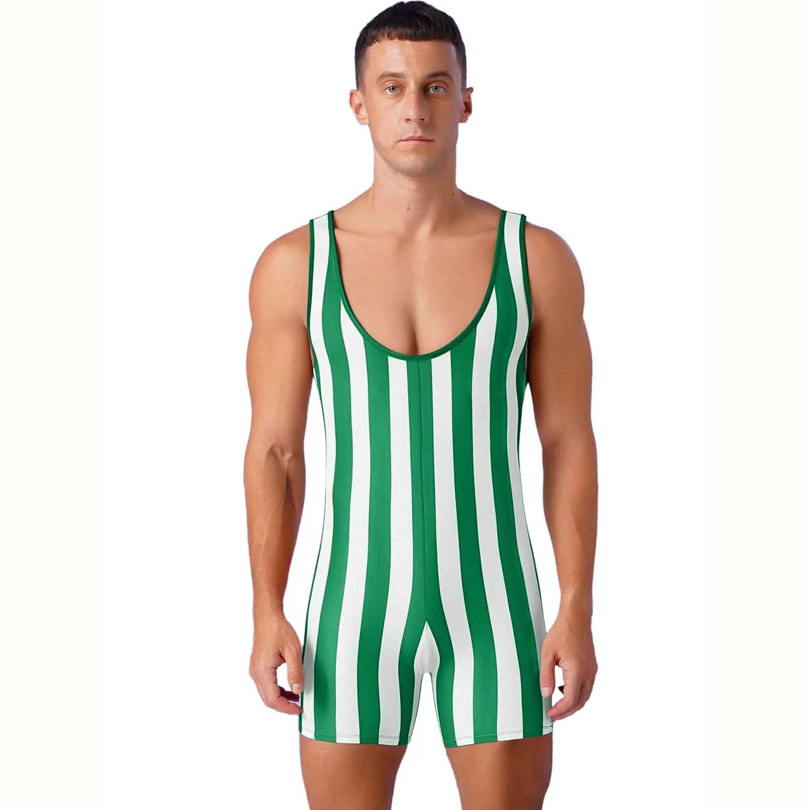 Gestreifter Wrestling-Singlet-Badeanzug für Herren, einteilige sportliche Badebekleidung, schmale Passform, Boxershorts, Rompers, Bodybuilding-Gym-Bodysuit – Detail 2