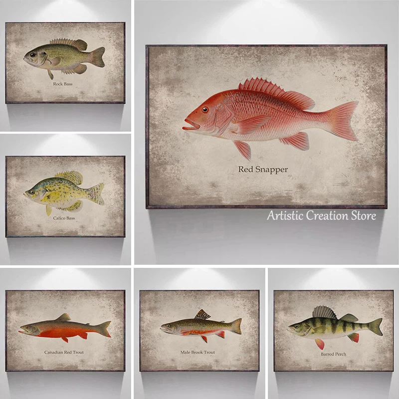 Vintage Fish Poster Varietà Di Pesce Squitteague Red Snapper Bonito Print Canvas Painting Immagini A Parete Per La Decorazione Domestica Della Camera 